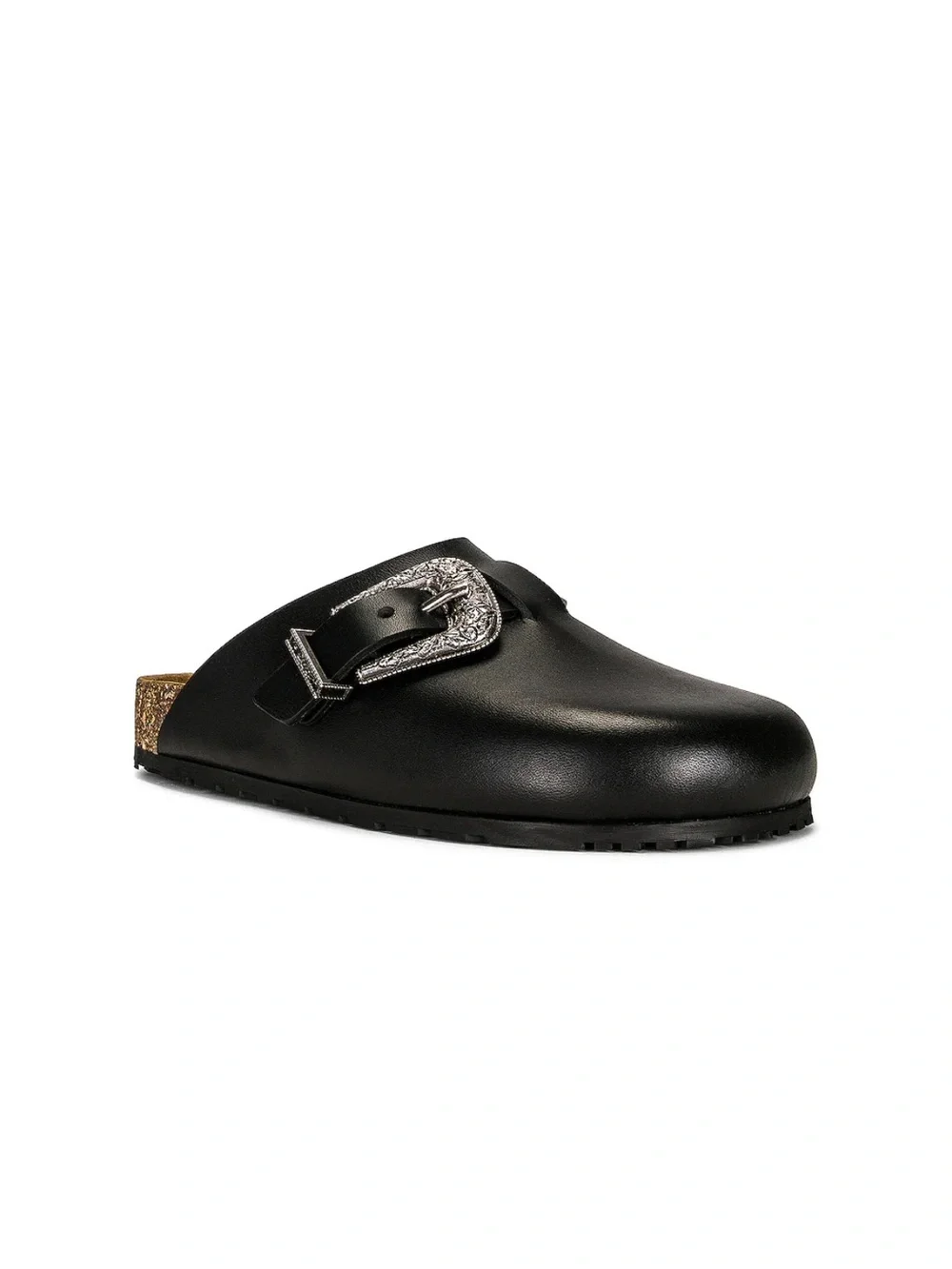 Saint Laurent Black Leather Slip-On Clog with Decorative Buckle
